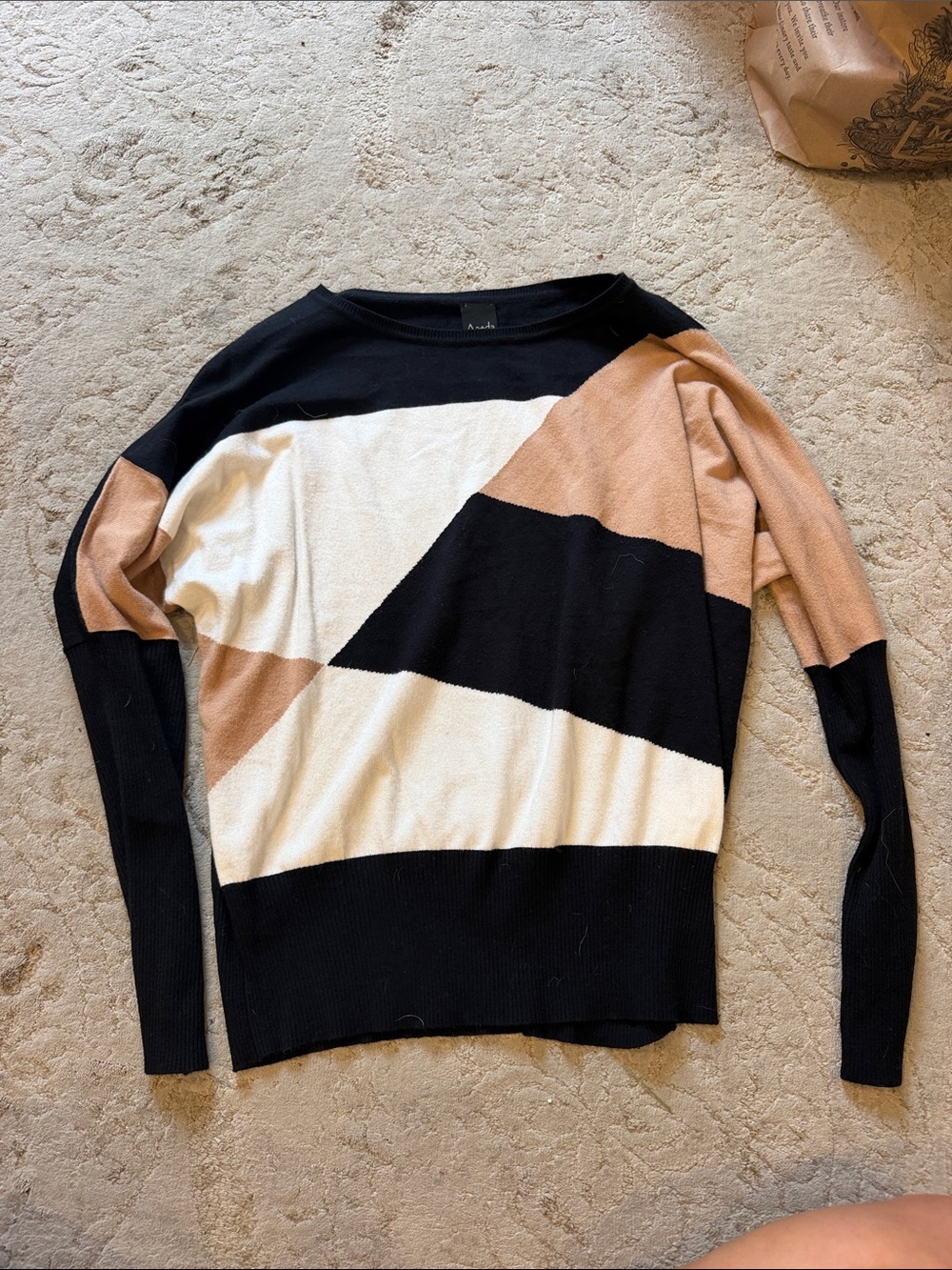 Geometric Colorblock Long Sleeve Sweater - Black, Cream & Tan